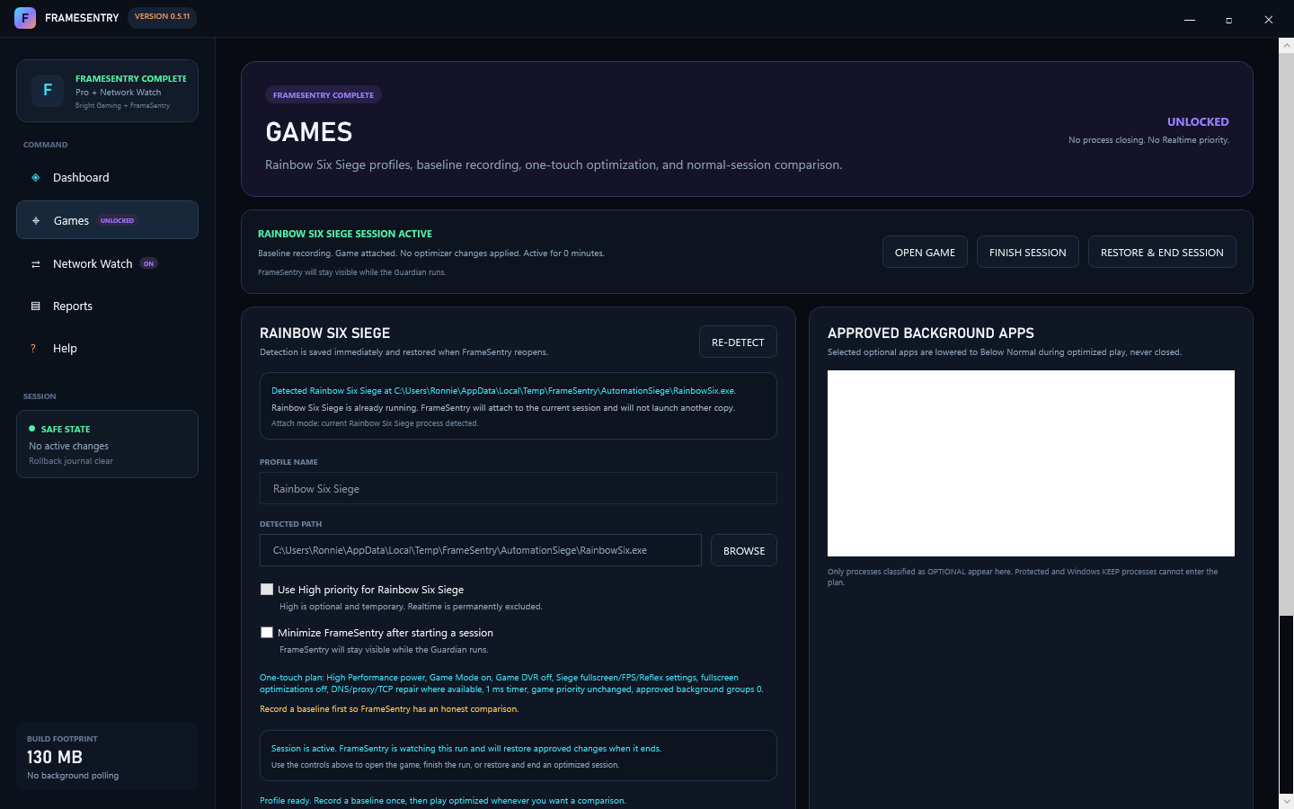 FrameSentry active baseline session