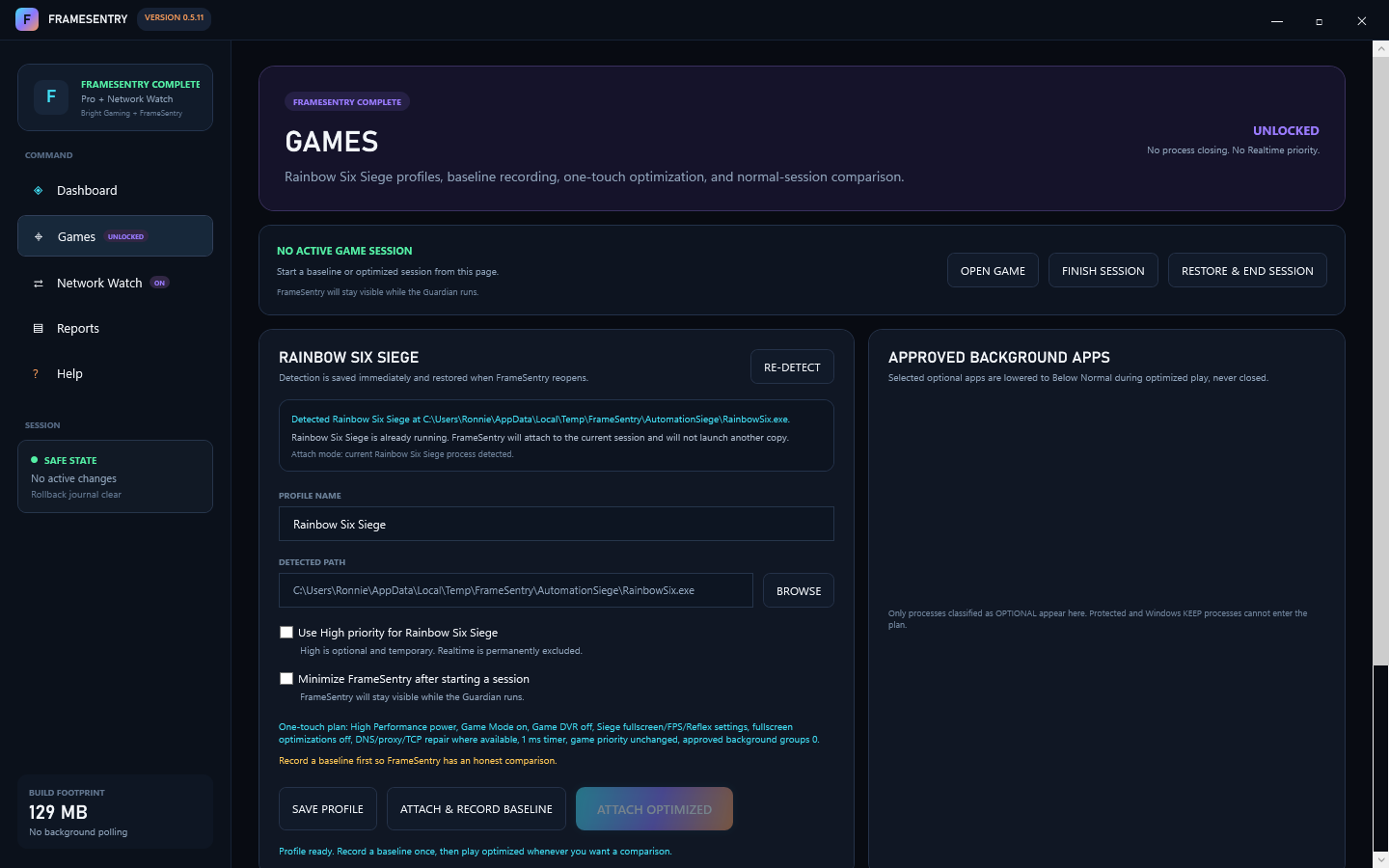 FrameSentry attach mode when Siege is already running
