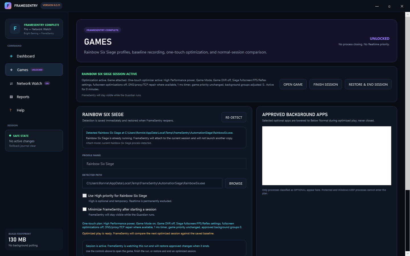 FrameSentry active optimized session