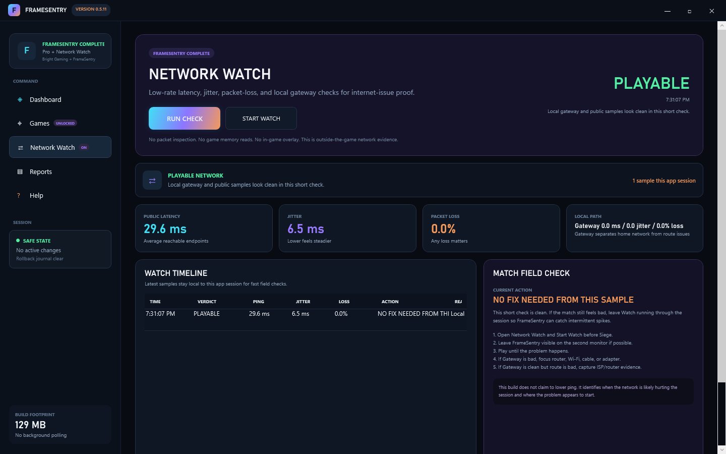 FrameSentry Network Watch screen