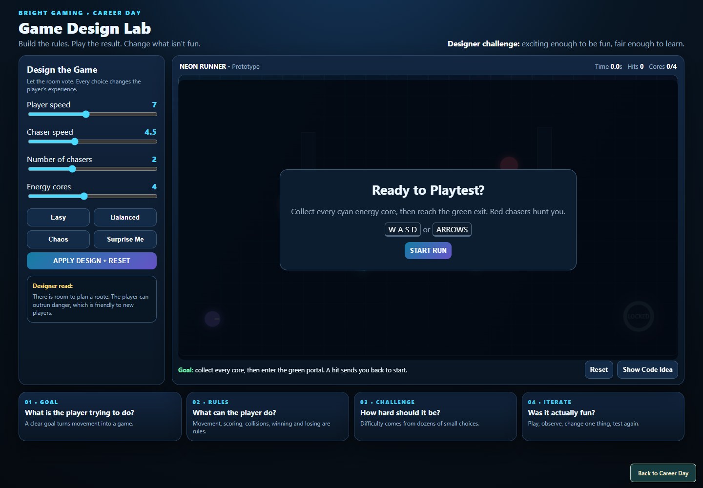 The classroom Design Lab, where students playtest their own balance decisions.