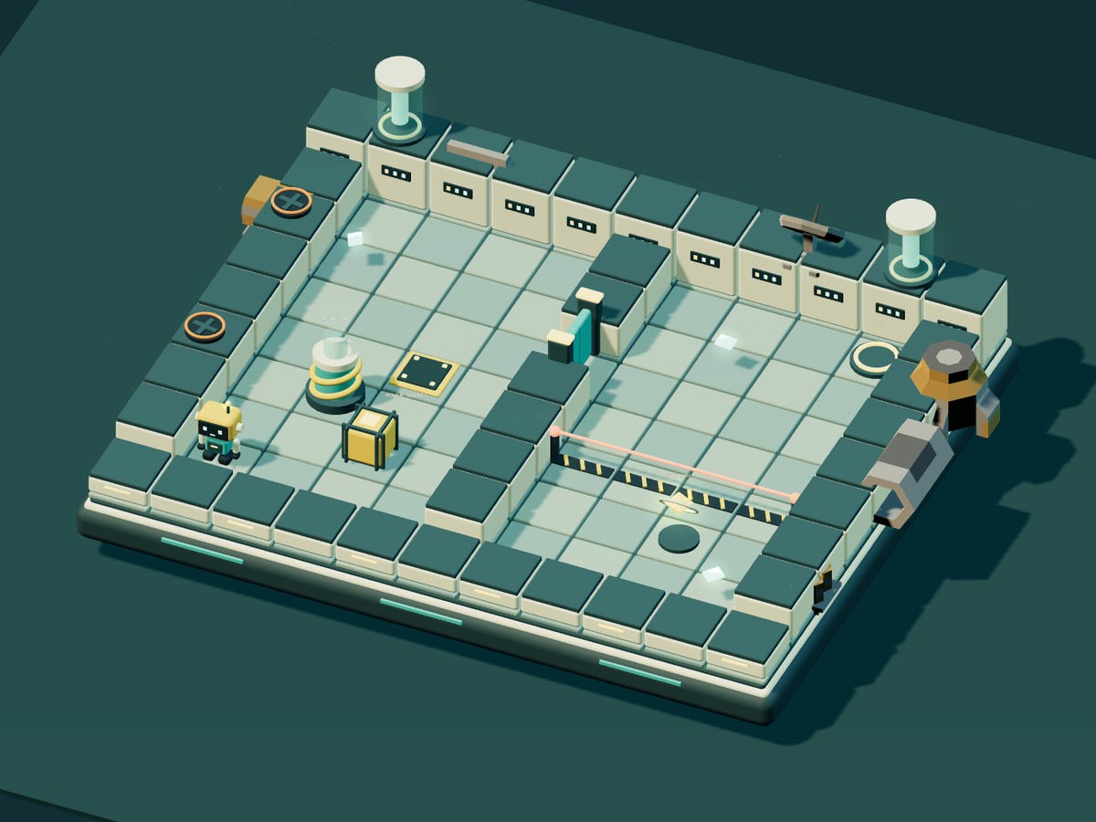 An actual Glitch Crew game scene: a tiny yellow robot in a three-dimensional lab with a power crate, reactor, security beam and exit lift.